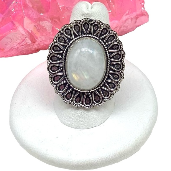 Rainbow Moonstone Ring Size 7.5 925 Sterling Silver Overlay Boho Stone